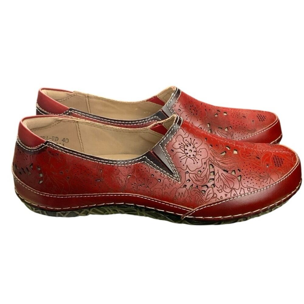 Spring Step L’Artiste Libora Red Leather Floral Slip On Shoes 40 US 9 NWB